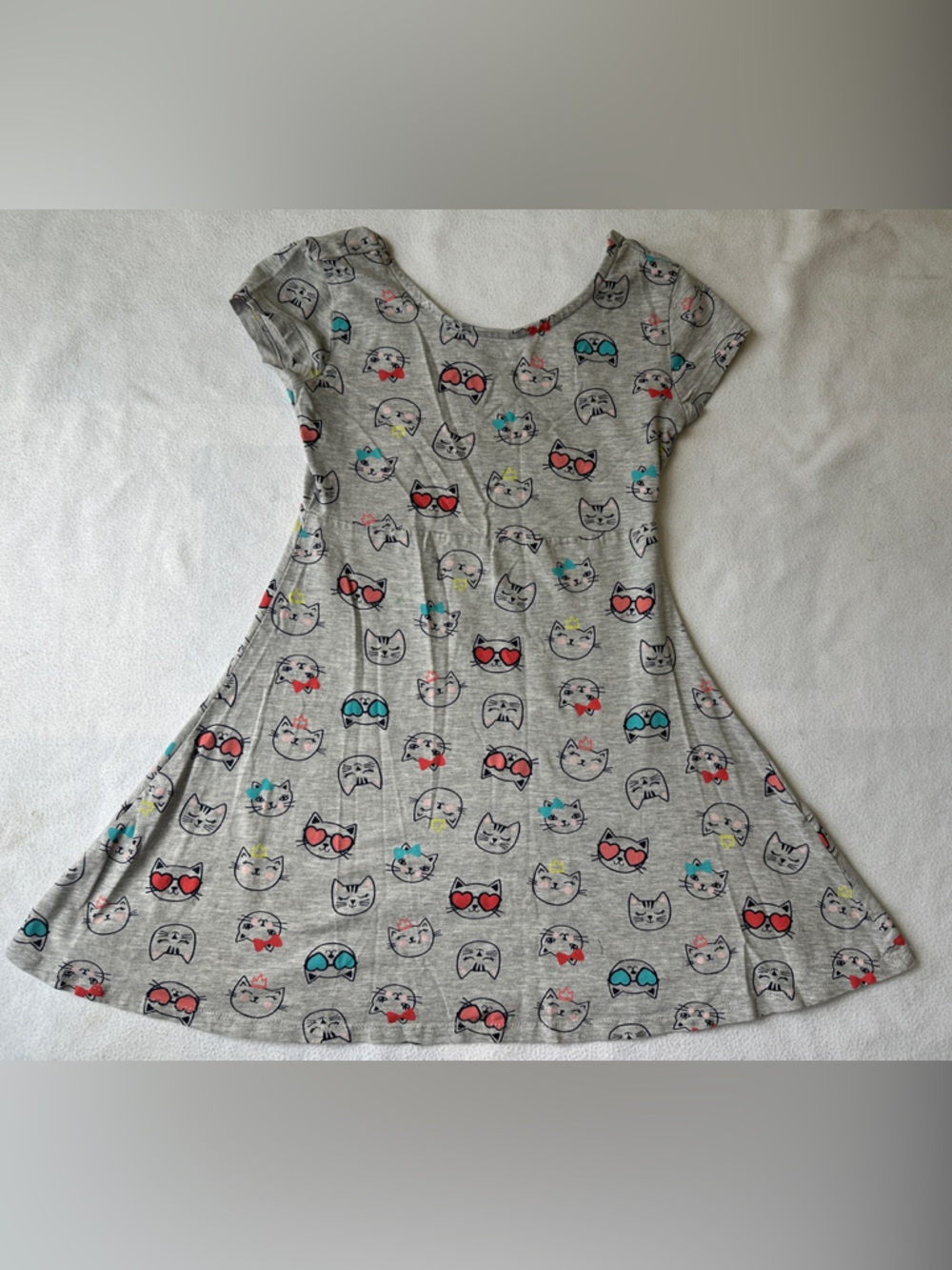 Basic Editions Gray Dress with Red and Teal Cat Faces